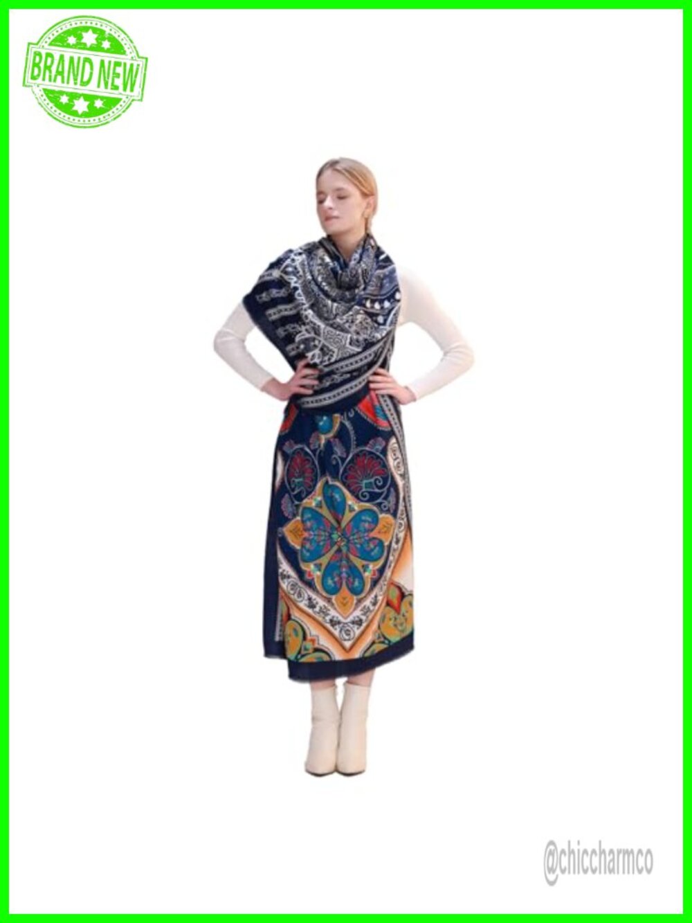 100% Merino Wool Pashmina Shawl Wrap Reversible Floral 90x43